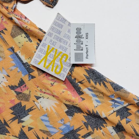 LuLaRoe Perfect Tee XXS Abstract Geometric Orange Gray Blue Swing Tunic Tee Top - Picture 2 of 8